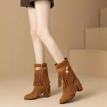 2024 Hot New Mid-tube Tassel Boots Thick Heel High Heel Side Zipper Belt Buckle Metal Short Boots Fashion Foreign Trade Boots 34 коричневый