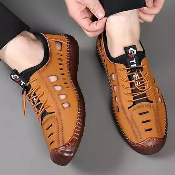 2024 Hot Seller New Men s Soft Leather Summer Men Leather Sandals Breathable Non-slip Cow Tendon Sole Casual Leather Shoes 39 чёрный
