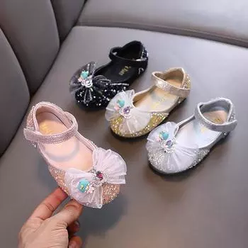 2024 Kids Leather Shoe Spring Autumn New Girls Flat Shoes Fashion Sequins Bowtie Children Princess Shoes for Ballet Performance 21 золотой
