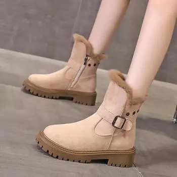 2024 Ladies Shoes Mid-Calf Women s Boots Outdoor Modern Boots Women Belt Buckle Round Toe Low Heel Slip on Warm Shoes Female 35 абрикосовый