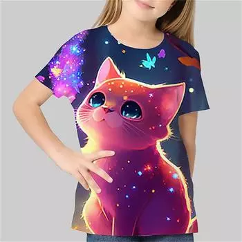 2024 Летние топы для девочек, футболки с рисунком кота Kawaii, детская одежда, футболка с круглым вырезом и коротким рукавом для девочек, детская одежда 100CM
