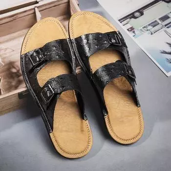 2024 Men Leather Beach Sandals and Slippers Fashion Men Beach Cross Cork Slippers Summer Solid Color Non-slip Leather Slide Shoe 38 бежевый