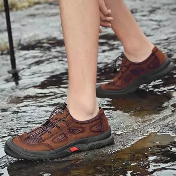 2024 men s mesh shoes summer outdoor hiking shoes men s non-slip and wear-resistant hiking breathable mesh sports and leisure shoes 38 чёрный
