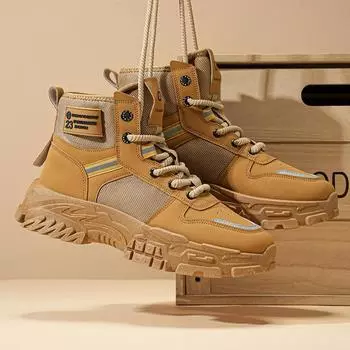 2024 Men s Motorcycle Boots Winter Outdoor High Top Training Boots Trendy All-match Mountaineering Boots Mens New Platform Shoes 39 хаки