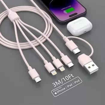 [2024 Model] 4 in 2 Charging Cable USB/Type-C Cable 4 in 2 Charging Cord 3M 3A Fast Charging Charging 4 Devices Simultaneously (Lightning/USB-C/Micro