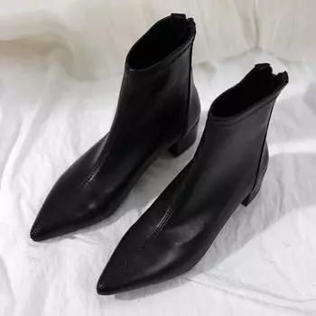 2024 Net Red Slim Boots Womens Thick Cabble Solid Slim Head Oсенние и зимние универсальные кожаные ботинки телесного цвета на молнии для женщин 35 чёрный