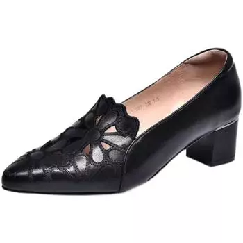 2024 New Autumn Women s Mid Heel Work Sandals Breathable Soft Leather with Single Soft Face Hollow Embroidered Button Closure 35