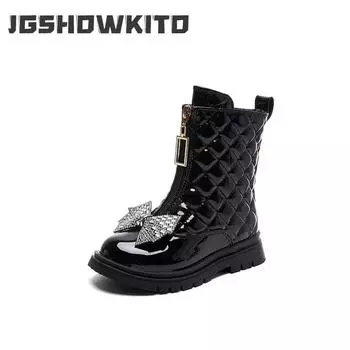 2024 New Black Ankle Boots Children Flat Bottom Princess Rhinestone Bow Front Zip Casual Glossy Kids Fashion Girls Chelsea Boots 21 белый