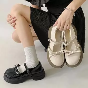 2024 New Black Chunky Platform Mary Jane Shoes for Women Autumn Patent Leather Pumps Woman Thick Bottom Bowknot Lolita Shoes 35 бежевый