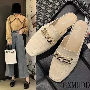 2024 New Chain Mules Women Slides Square Toe Ladies Striped Shoes Summer Fashion Footwear Plus Big Size 35 бежевый
