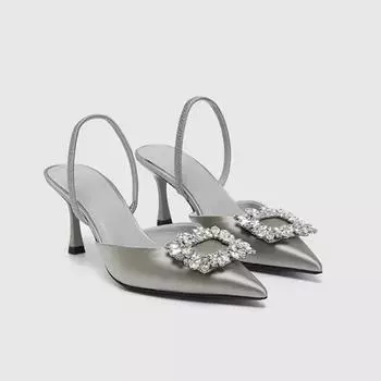 2024 New Crystal High-heeled Women s Sandals Pointy Toe Dress Shoes Party Slippers 35 белый