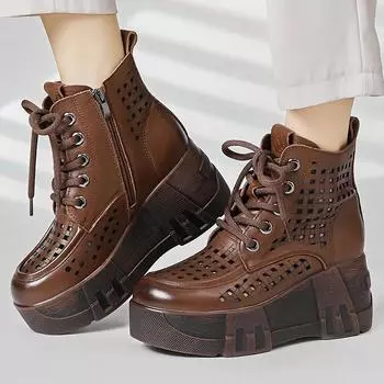 2024 New Design Summer Women Boots Genuine Cow Leather Hollow Out Height Increasing 7cm Wedges Heel Platform Ankle Boots 35 чёрный