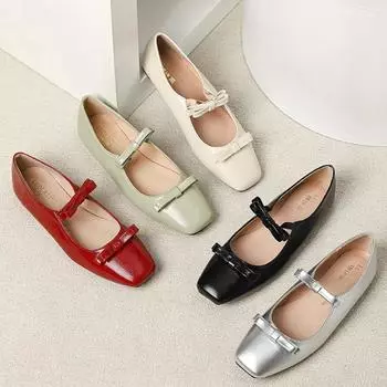 2024 New Double Bowknot Mary Jane Shoe Women Square Toe Glossy Leather Flats Female Red Dance Ballets Party Wedding Shoe Size 44 35 чёрный