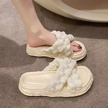 2024 New Fairy Style Platform Dissolved Shoes Seaside Beach Slippers Ins Pearl Sandals Women s Outer Wear 36-37fit35-36 бежевый
