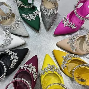 2024 New Fashion High Heels Stiletto Pointed Toe Rhinestone Single Shoes Satin Wedding Shoes Slippers 33