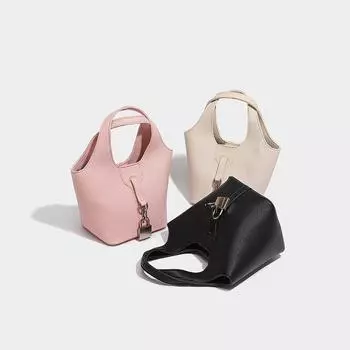 2024 New Fashion Lychee Pattern Vegetable Basket Bucket Bag Casual Soft Leather Handbag Textured Shoulder Bag Crossbody Bag розовый