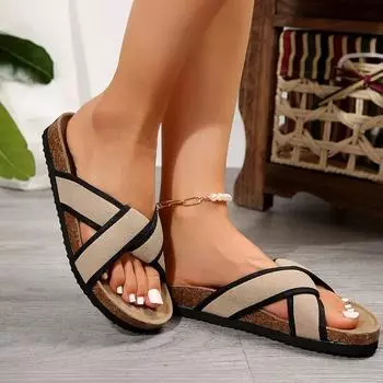 2024 New Fashionable Versatile Women s Slippers Open-Toe Casual Comfortable Color Matching Summer Thick-soled Women s Slippers 35 бежевый