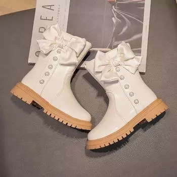 2024 New Girls Boots Pearls Bow Simple Non-slip Children Ankle Boots Beige Black Elegant Chic Princess Kids Shoes Fashion Flats 28 бежевый