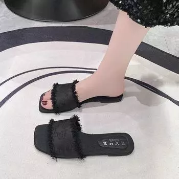 2024 New High Quality Fashionable Solid Color Comfortable Open Toe Square Toe Flat Bottom Versatile Summer Women s Slippers 35 бежевый