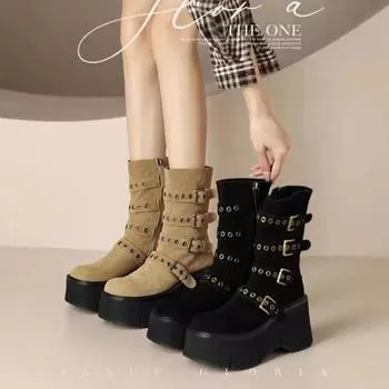 2024 New High Quality Thick Bottom Round Head Belt Buckle All Comfortable Non-slip Breathable Wear-resistant Ankle Boots Women 35 чёрный