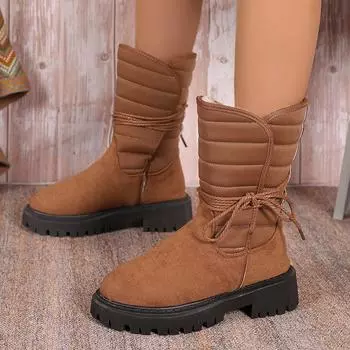2024 New Mid Length Boots for Women s Winter Warmth Plush Snow Boots Design Flat Shoes Lace Up Women s Cotton Boots Size 35-43 35 чёрный