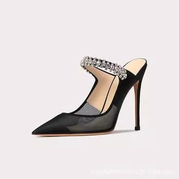 2024 New One Word Water Diamond Women s Summer Baotou Mesh Fine Heels Pointed High Heels Black Slippers 34