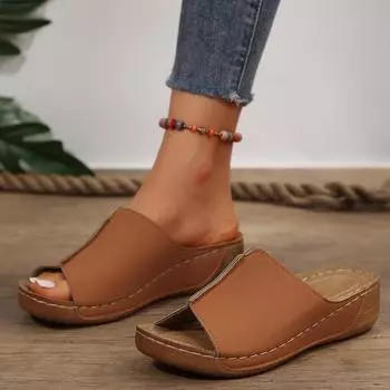 2024 New Open Toe Women s Wedge Sandals White Summer Fashion Breathable Comfortable Sandals Woman Buckle Female Footwear Shoes 36 бежевый