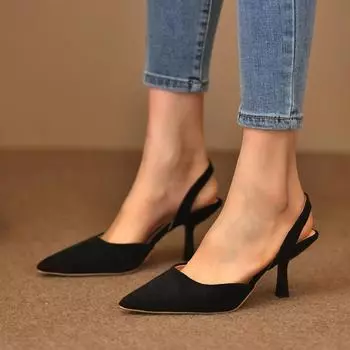 2024 New Pointed Thin Heel Sandals for Women Summer Flock Cover Toe Back Strap Sexy Slingbacks Slip-On Office Career Shoes Pump 36 чёрный