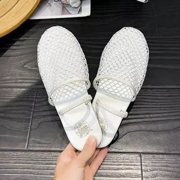 2024 Новые балетки с круглым носком Niche Fishnet Hollow для женщин, летние новые модные туфли на плоской подошве для женщин 36 белый