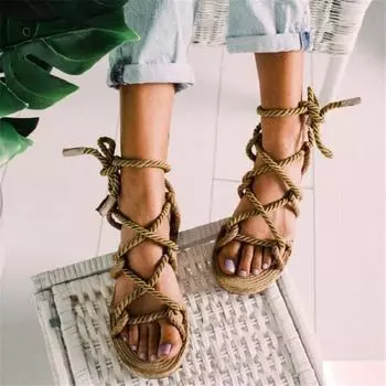 2024 New Sandals for Woman s Shoes Braided Rope with Traditional Casual Roma Style Simple Creativity Fashion Pink Summer Lace-up 35 чёрный
