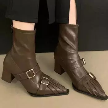 2024 New Sexy Pointed Women s Motorcycle Boots for Daily Office PU Leather Trendy Zipper Design Women s Low-heeled Knight Boots 35