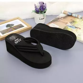 2024 New Slippers Women s Summer Wear Fashion High Heel Platform Shoes Thick Bottom Non-Slip Beach Ladies Flip-Flops 37 чёрный