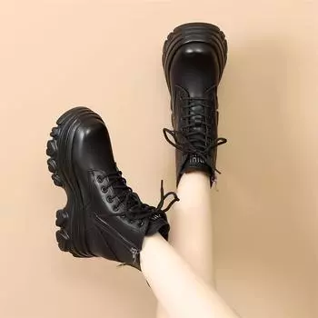 2024 new small cos heightening women s shoes platform Martin boots British legs thin short boots fashionable cotton boots 35 чёрный