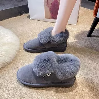 2024 new snow boots wool zipper comfortable and warm non-slip versatile waterproof beige one-pedal cotton shoes 35 чёрный