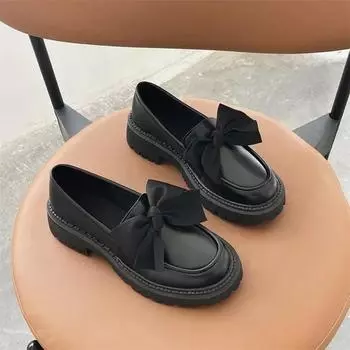 2024 New Spring Autumn New Women Shoes Leather Butterfly Knot Round Head Thick Heel Fashion Casual Comfortable Woman Shoes 35