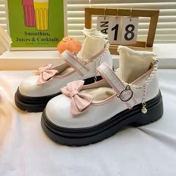 2024 New Style Women s Heeled Shoes with Color Matching Bow Decoration Fashionable Outer Wear Round Toe One-line Buckle Strap 35 бежевый