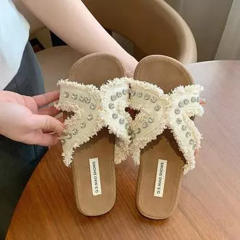 2024 New Summer New Rhinestone Sandals For Women Outdoor Wear Fashionable Korean Style Flat Beach Shoes For Women 35 белый
