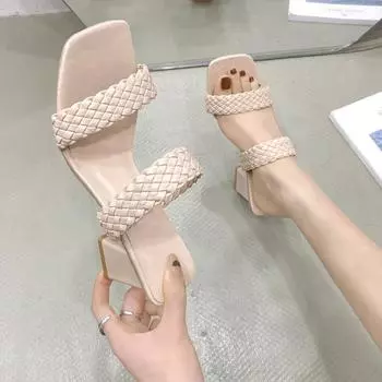 2024 new summer woven outer wear versatile Roman slippers outer wear thick heel open toe word with fashion cool slippers 34 хаки