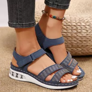 2024 new thick-soled wedge heel big word with sequined rhinestone thick-soled air cushion sandals women 36 чёрный