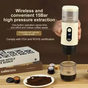 2024 NEW Wireless Small Portable Italian Coffee Machine Electric Concentrated Capsules Machine For Home Outdoor Fast Charge бежевый