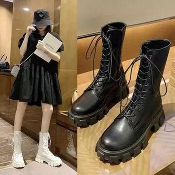 2024 New Women Mid Calf Boot Winter Fashion Comfort Chelsea Zipper PU Leather High Heels Boots Retro Motorcycle Boots Size 35-40 35 белый