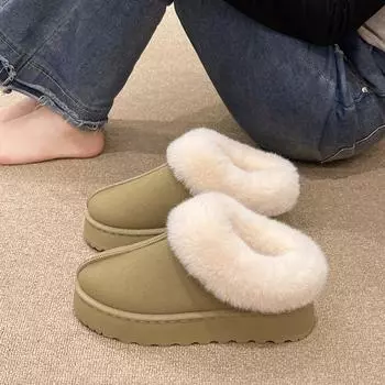 2024 New Women s Wool Slippers Warm Platform Wool Low-top Snow Boots Slippers Women s Outdoor Anti-Slip Boots Shoes for Women 36 бежевый