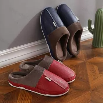 2024 New Women Winter Slippers Indoor PU Leather Waterproof Cotton Slippers Warm Home Fur Couple Non-slip Slipper Platform Shoes 36-37 розовый