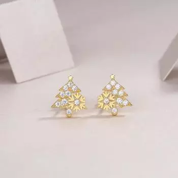 2024 Niche Design Серьги-гвоздики из серебра 925 пробы с покрытием из 18-каратного золота с муассанитом в форме рождественской елки