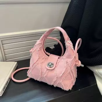 2024 Новая весенняя сумка с ромбической кисточкой Niche Denim Crossbody Crescent Bag Универсальная сумка чёрный