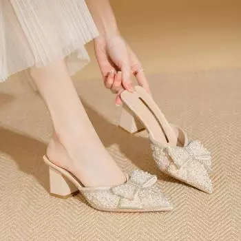 2024 Новые летние туфли Baotou Half Slippers женские с острым носком на высоком каблуке мюли сандалии женские туфли-лодочки со стразами и бантом для свадебной вечеринки 34 чёрный