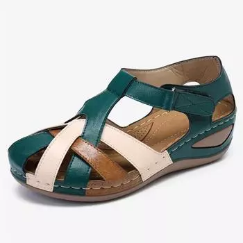 2024 Новые летние женские сандалии Baotou Flat Casual Shoes Slip-On Buckle Strap Sandals Color Block Women s Daily Comfort 35 зелёный