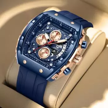 2024 Новые мужские часы с циферблатом Tonneau, модные, для отдыха, бизнеса, хронографа, наручные часы с календарем, спортивные, водонепроницаемые кварцевые часы оранжевый