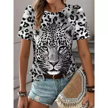2024 Новые женские футболки Tiger 3D Printed Short Sleeve Oversize Футболка для женщин Топы Летние дышащие футболки Женская одежда XS