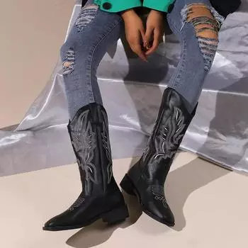 2024 Оригинальные ковбойские сапоги Botas Mujer Брендовые дизайнерские ковбойские сапоги Вышитые повседневные туфли Казацкие ретро-ботинки 36 чёрный
